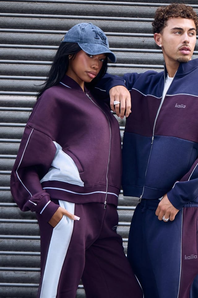 Kaiia Kaiia Contrast Wide Leg Joggers Burgundy & Baby Blue - 3