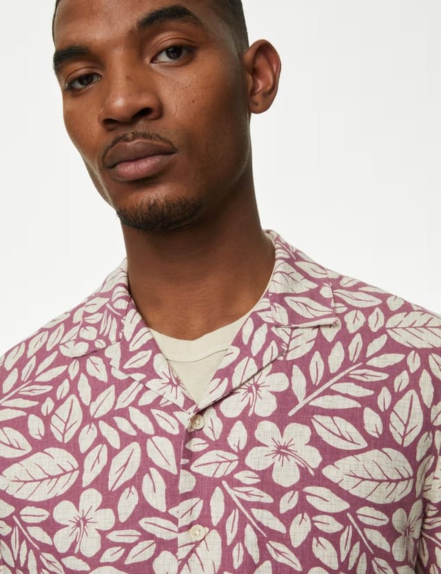 Marks & Spencer M&S Easy Iron Linen Rich Floral Shirt Burgundy Mix - 2