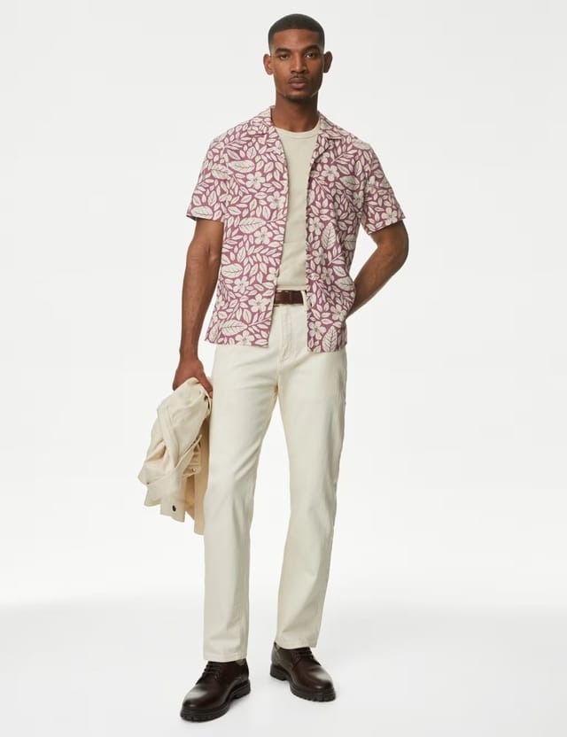 Marks & Spencer M&S Easy Iron Linen Rich Floral Shirt Burgundy Mix - 3