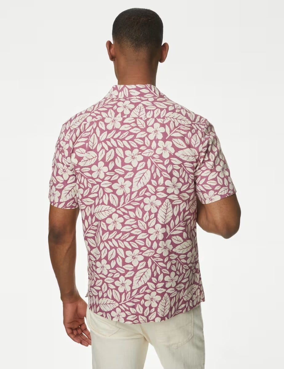 Marks & Spencer M&S Easy Iron Linen Rich Floral Shirt Burgundy Mix - 4