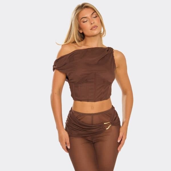 EGO Off The Shoulder Corset Crop Top In Chocolate Brown, Women's Size UK 6