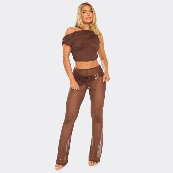 EGO Off The Shoulder Corset Crop Top In Chocolate Brown, Women's Size UK 6 - 2