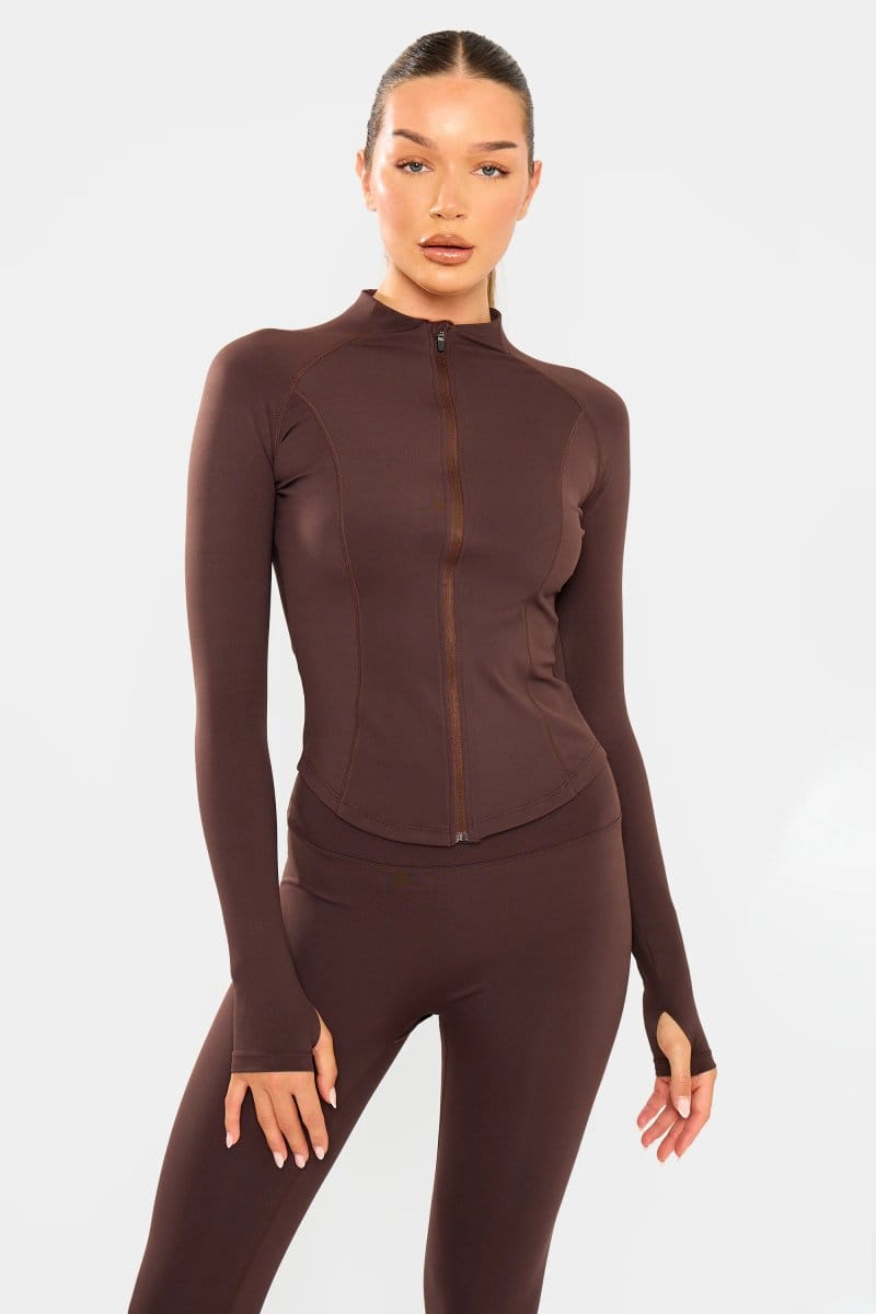Kaiia Kaiia Sculpt Long Sleeve Zip Through Fitted Jacket Brown - 4