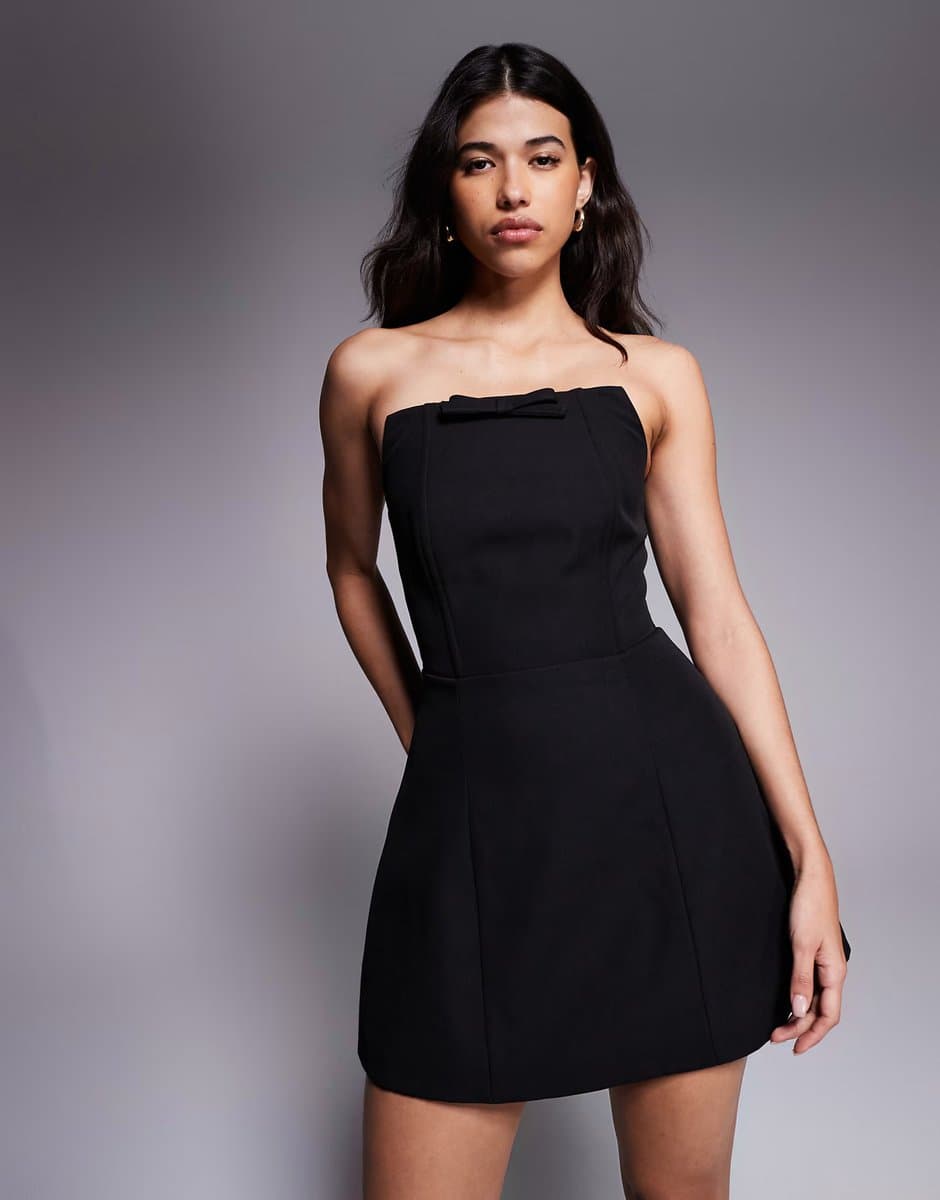 ASOS Wanderdoll square neck bandeau structured bow detail mini dress in black