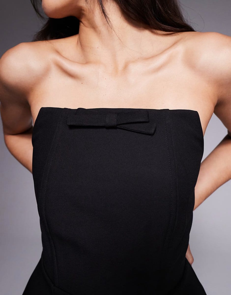 ASOS Wanderdoll square neck bandeau structured bow detail mini dress in black - 4