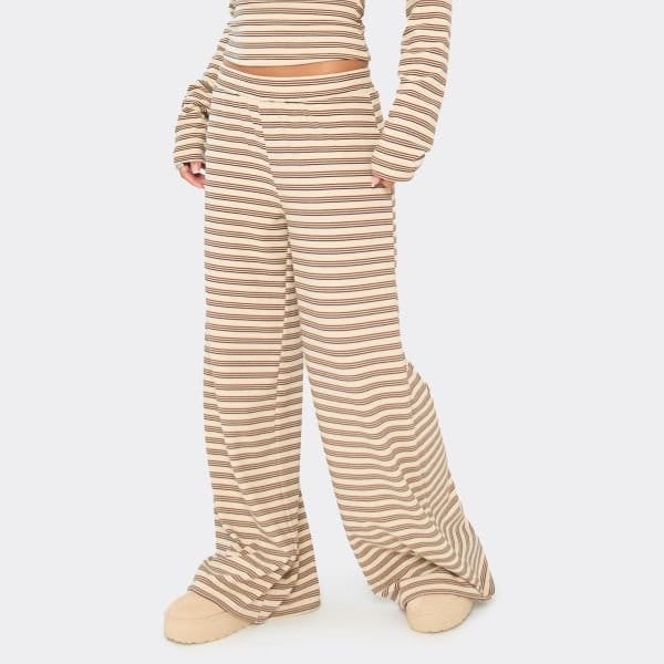 EGO Mid Rise Wide Leg Trousers In Cream Striped Soft Fleece, Women's Size UK 6 - 2