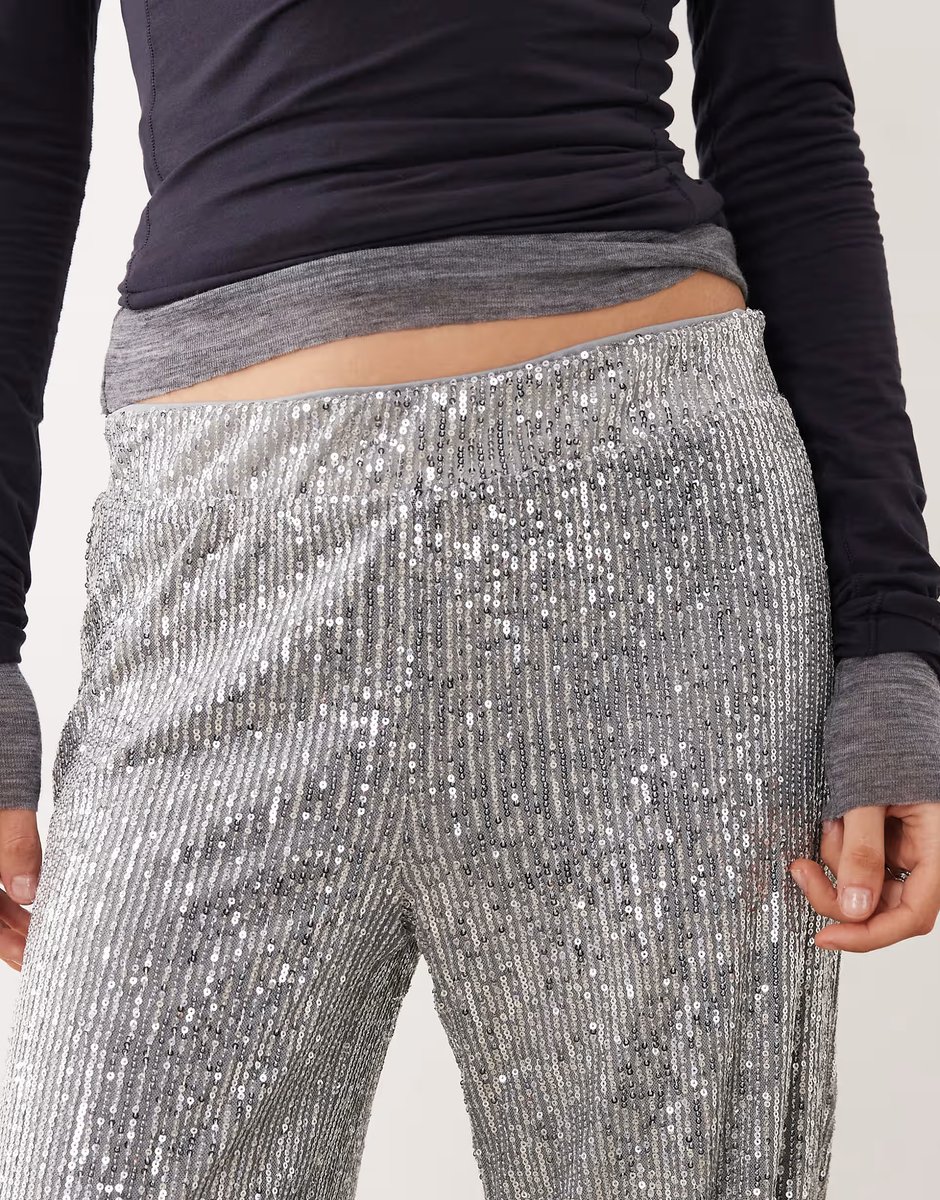 ASOS Noisy May high waist pull on sequin trousers in silver - 4