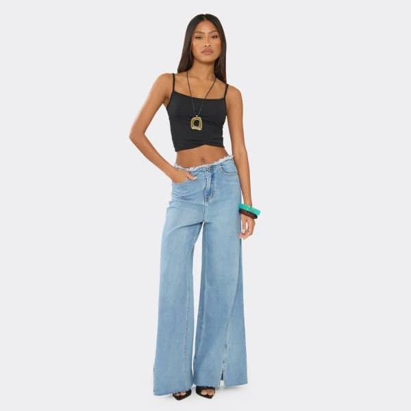 EGO Mid Rise Frayed Waistband Split Hem Wide Leg Jeans In Light Blue Denim, Women's Size UK 6