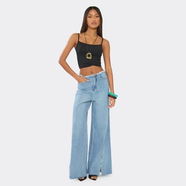 EGO Mid Rise Frayed Waistband Split Hem Wide Leg Jeans In Light Blue Denim, Women's Size UK 6 - 1