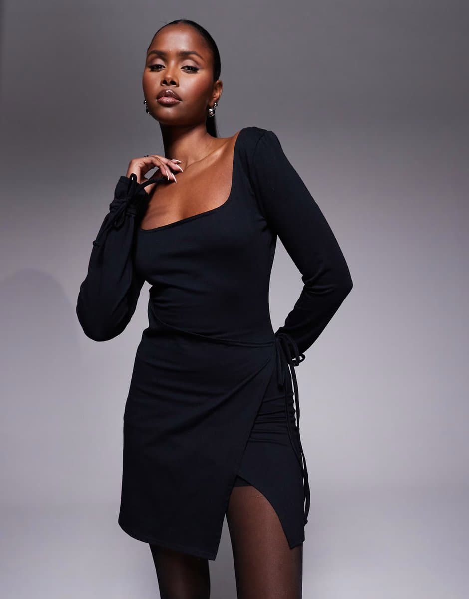 ASOS Fashionkilla exclusive cotton rich square neck long sleeve tie wrap waist mini dress in black