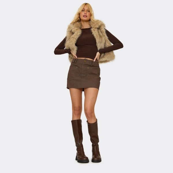 EGO Beloved Chunky Sole Knee High Long Biker Boot In Brown Faux Leather, Women's Size UK 3 - 2