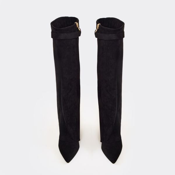 EGO Magic Layered Lock Detail Pointed Toe Block Heel Knee High Boot In Black Faux Suede, Women's Size UK 3 - 2