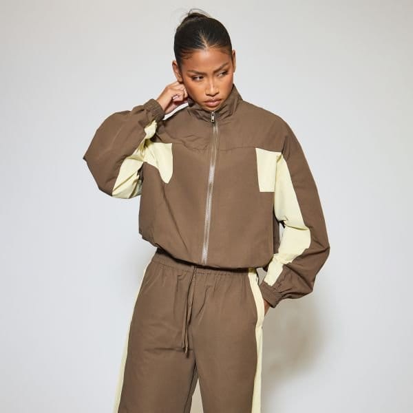 EGO High Neck Zip-Up Contrast Detail Track Jacket In Brown Shell, Women's Size UK 6 - 1