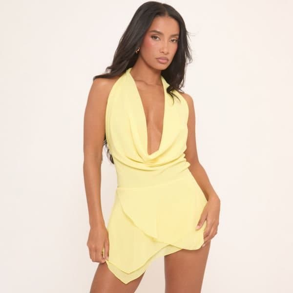 EGO Cowl Halterneck Frill Detail Mini Dress In Yellow, Women's Size UK Large L