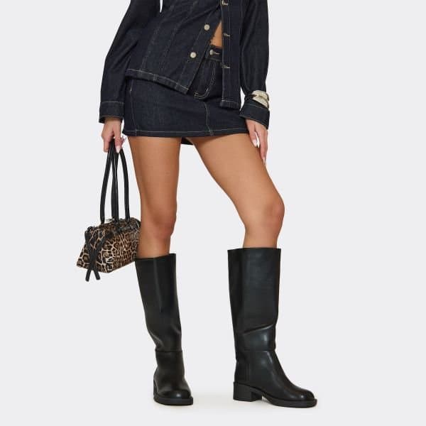 EGO Shuffle Block Heel Knee High Boot In Black Faux Leather, Women's Size UK 3