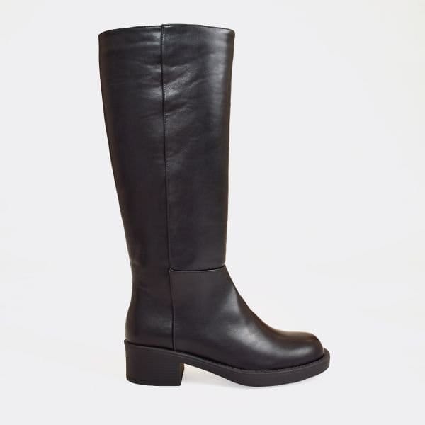 EGO Shuffle Block Heel Knee High Boot In Black Faux Leather, Women's Size UK 3 - 2