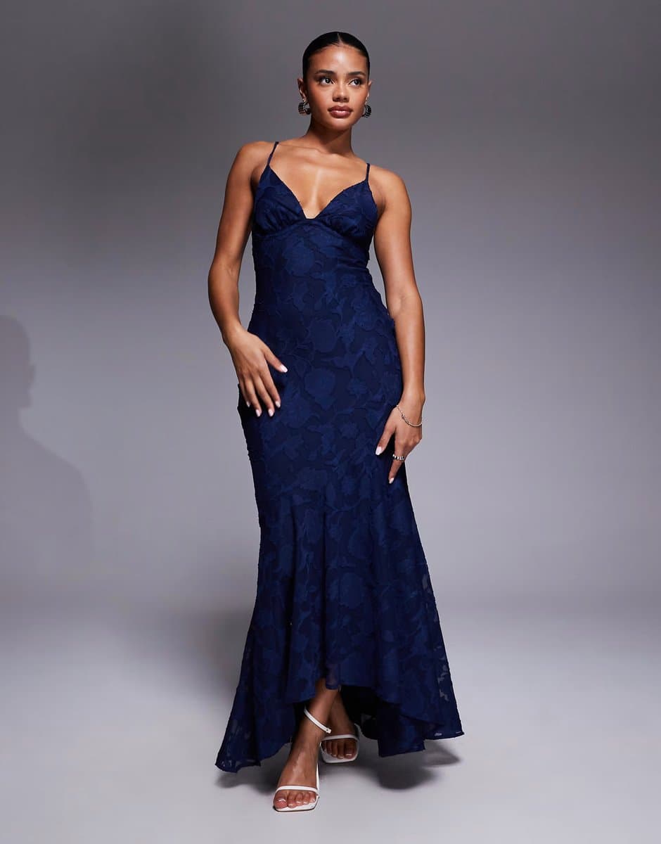 ASOS Princess Polly Cyrene floral devore plunge open strappy back detail high low fishtail maxi dress in navy