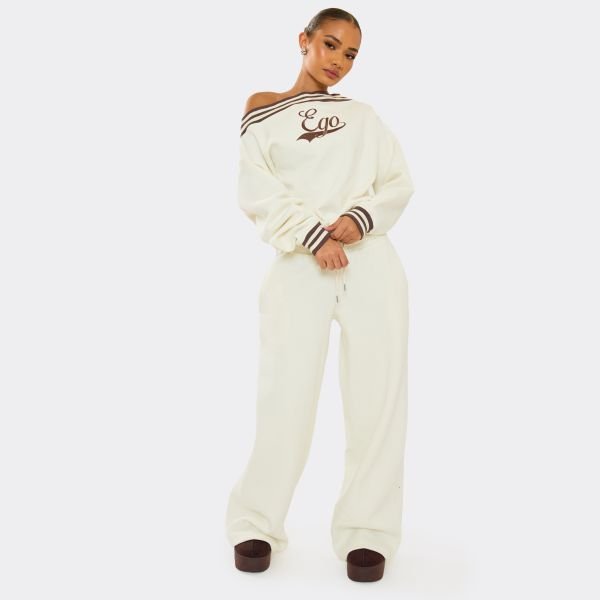 EGO Drawstring Tie Waist Straight Leg Joggers In Cream, Women's Size UK 16 - 2