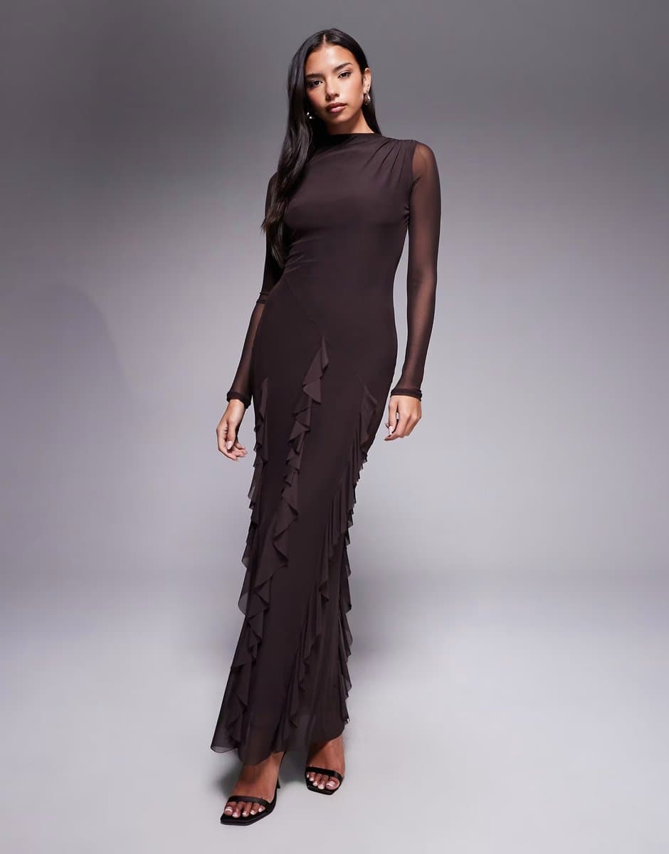 ASOS ASOS DESIGN mesh long sleeve maxi dress with waterfall ruffle skirt detail in chocolate