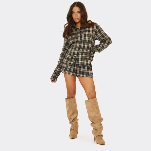 EGO Mid Rise Boxer Style Mini Shorts In Black Check Print, Women's Size UK 6