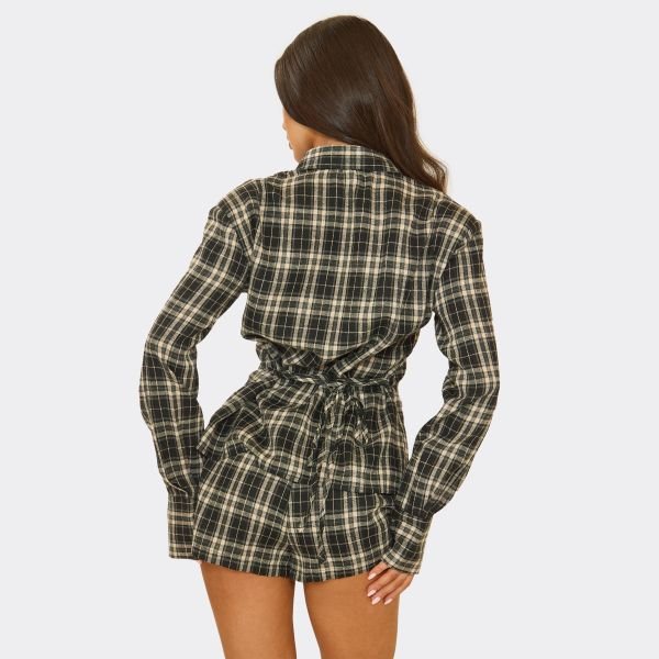 EGO Mid Rise Boxer Style Mini Shorts In Black Check Print, Women's Size UK 6 - 2