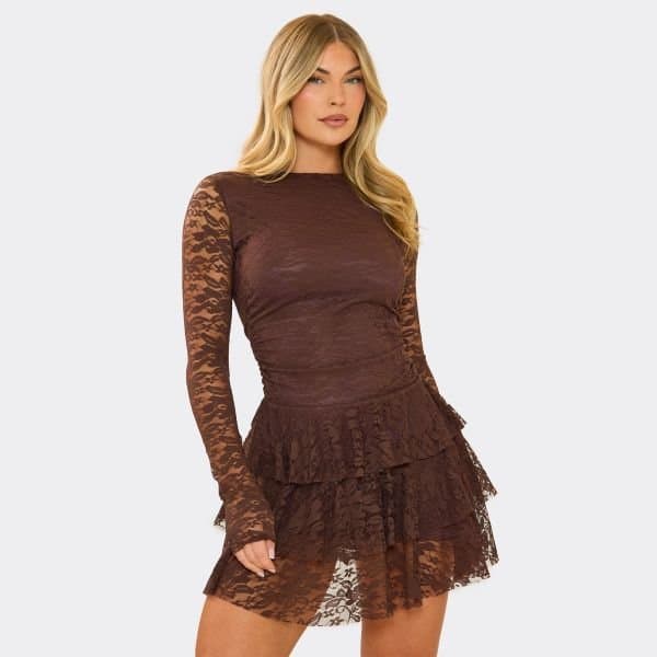 EGO Long Sleeve Ruffle Hem Detail Mini Dress In Chocolate Brown Mesh, Women's Size UK 6