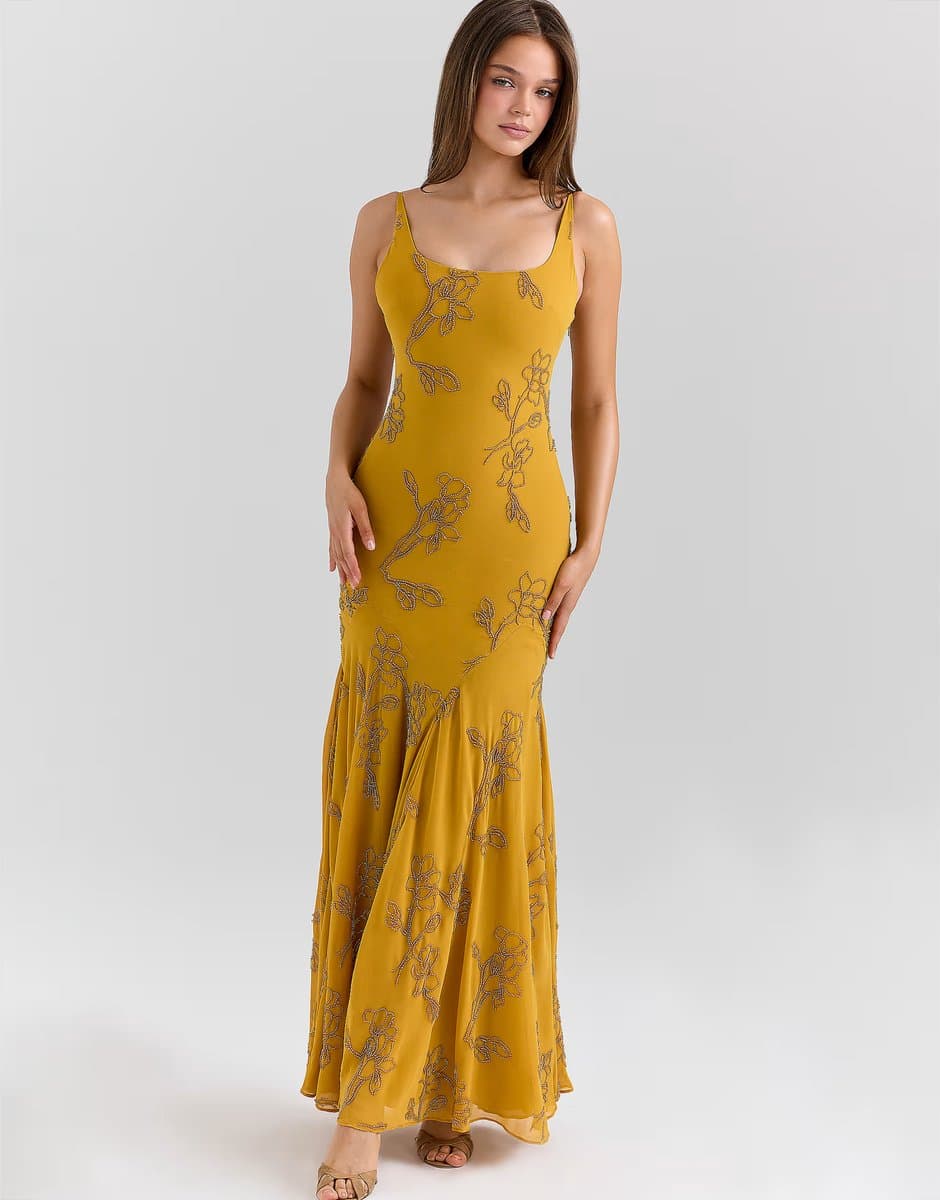 ASOS House of CB Rosalia gold embellished hand beaded maxi dress in gold
