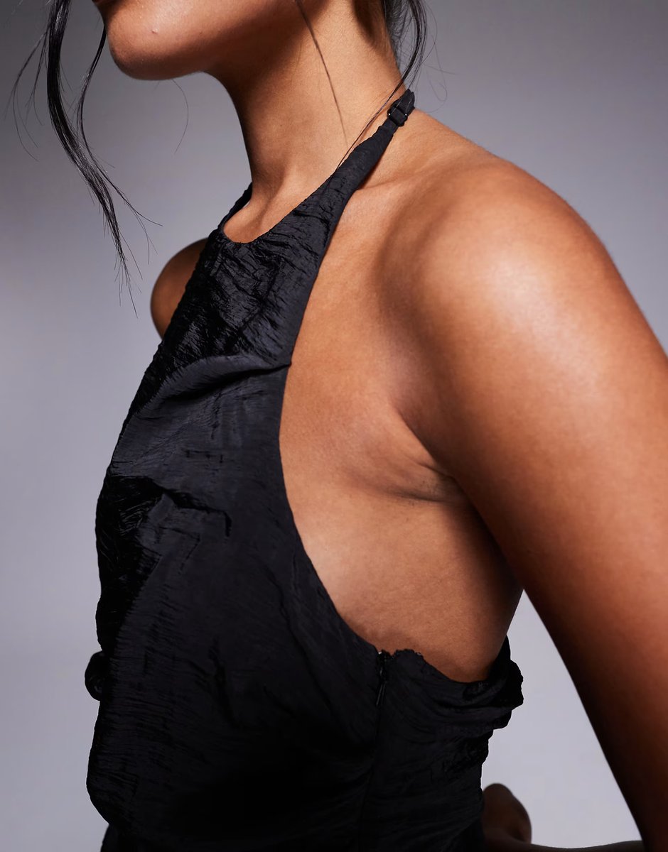 ASOS ASOS DESIGN halter asymmetric ruched maxi dress with chiffon skirt in black - 4