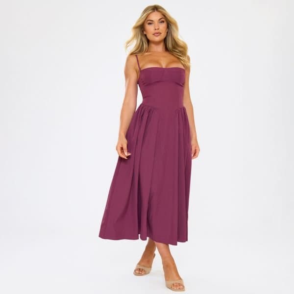EGO EGO Strappy Pleated Skater Skirt Detail Midi Dress in Purple