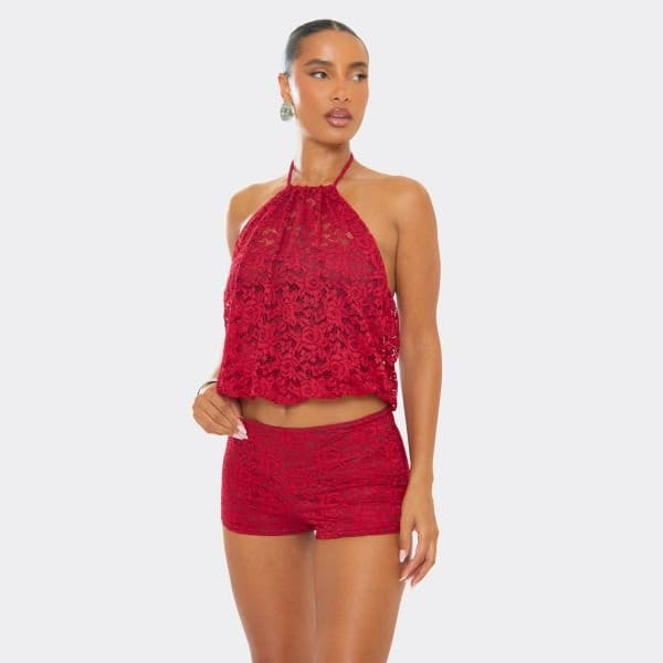 EGO Racer Neck Puffball Detail Crop Top In Red Lace, Women's Size UK 10 - 1