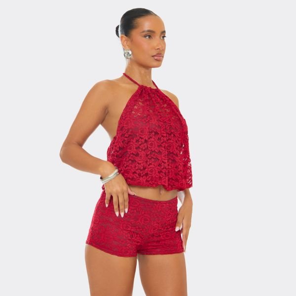 EGO Racer Neck Puffball Detail Crop Top In Red Lace, Women's Size UK 10 - 2