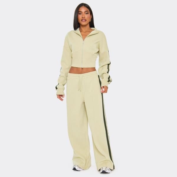 EGO Drawstring Waist Contrast Panel Detail Wide Leg Joggers In Sage Green, Women's Size UK 4 - 1