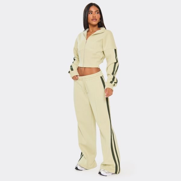 EGO Drawstring Waist Contrast Panel Detail Wide Leg Joggers In Sage Green, Women's Size UK 4 - 2
