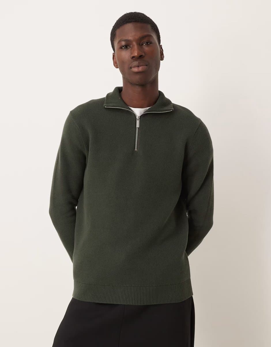 ASOS Selected 100% cotton knitted half zip in dark green