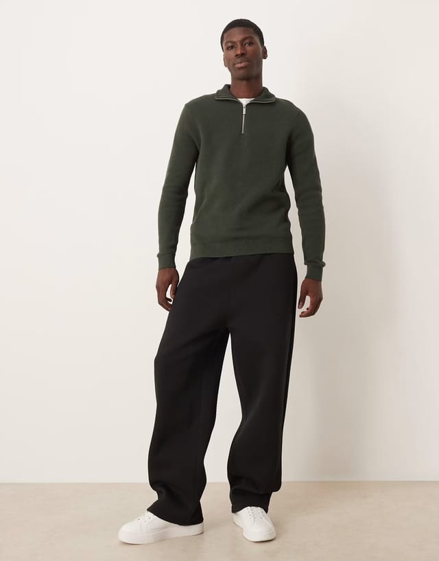 ASOS Selected 100% cotton knitted half zip in dark green - 2