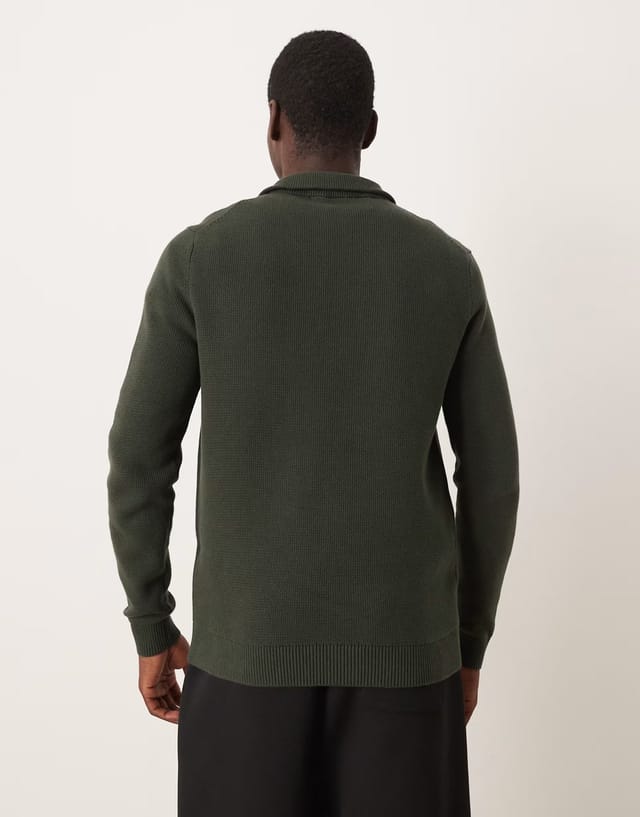 ASOS Selected 100% cotton knitted half zip in dark green - 3