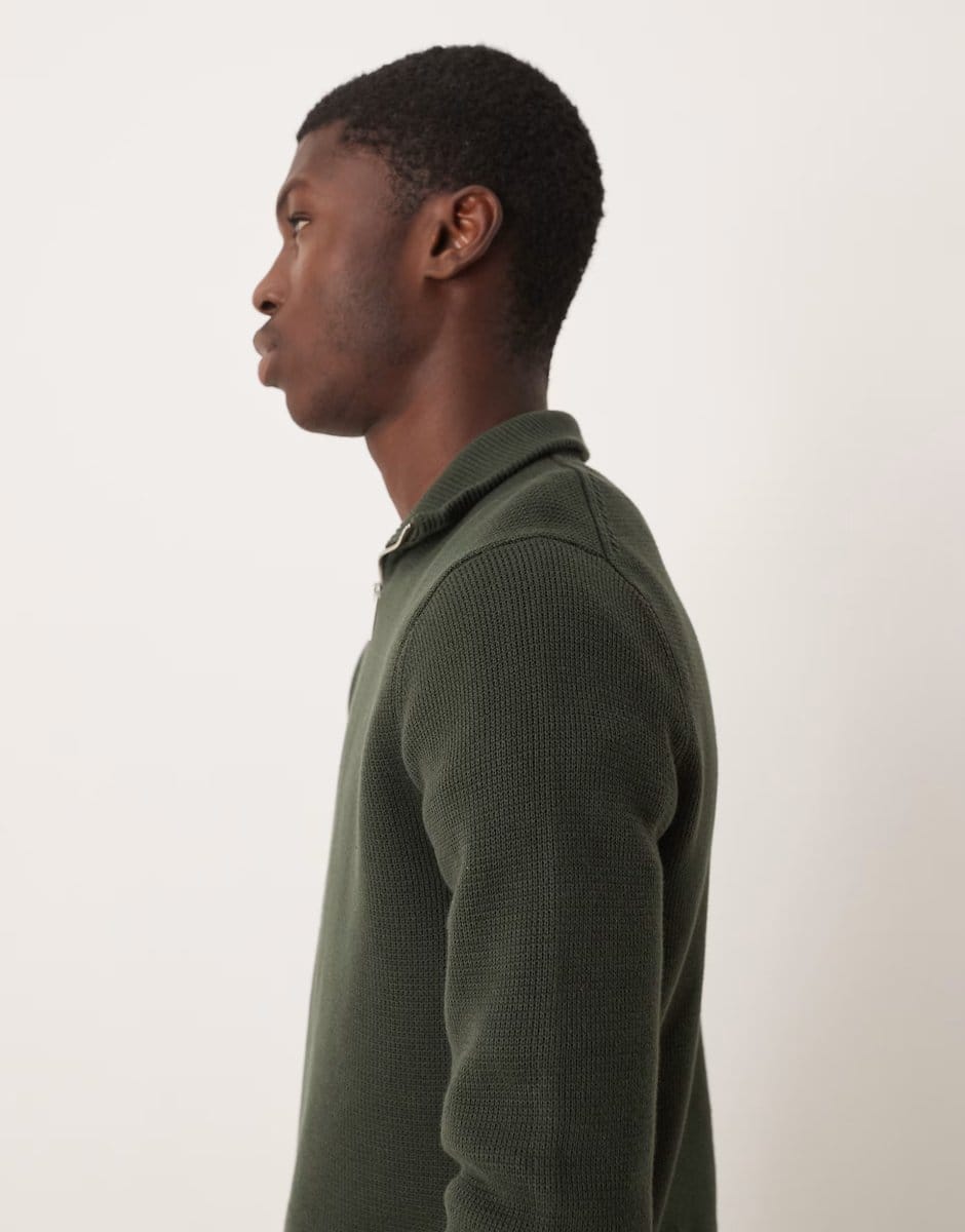ASOS Selected 100% cotton knitted half zip in dark green - 4