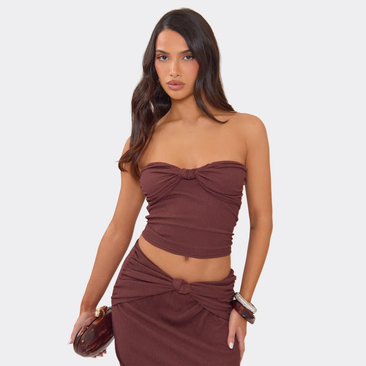 EGO Bandeau Knot Front Detail Top In Chocolate Brown, Women's Size UK 6