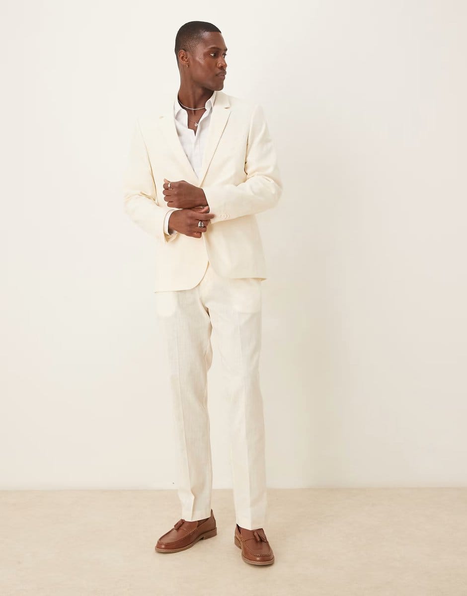 ASOS ASOS DESIGN linen look slim suit jacket in ecru - 4