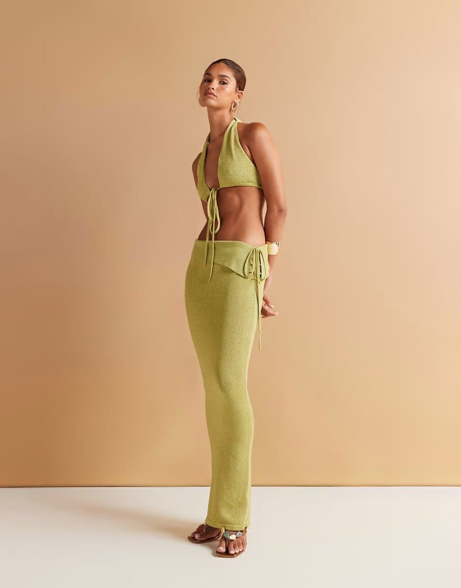 ASOS Wanderdoll Heidi metallic knitted foldover waist ruched side maxi beach skirt co-ord in lime