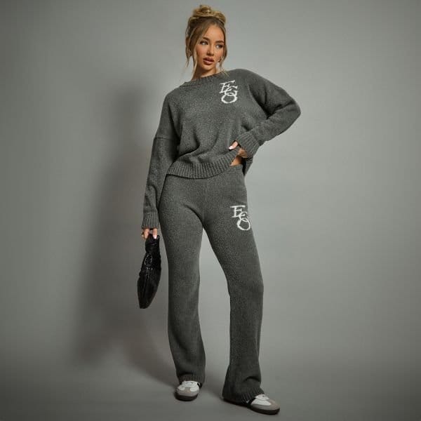 EGO Mid Waist Ego Graphic Straight Leg Trousers In Grey Knit, Women's Size UK Large L - 1