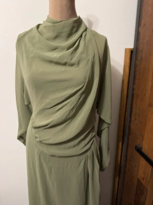 ASOS Design khaki sage green maxi dress long sleeve sheer crips high neck mock twist modest size 10