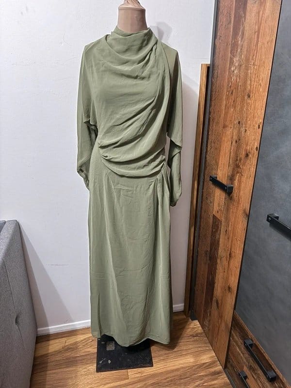 ASOS Design khaki sage green maxi dress long sleeve sheer crips high neck mock twist modest size 10 - 3