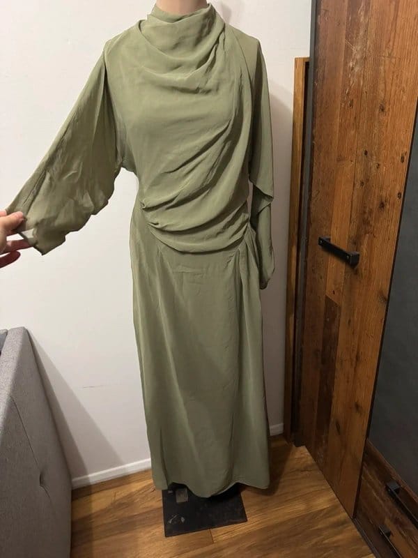 ASOS Design khaki sage green maxi dress long sleeve sheer crips high neck mock twist modest size 10 - 4