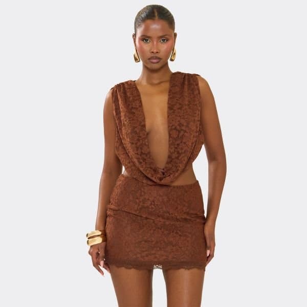 EGO Ruched Cowl Front Tie Back Top In Brown Lace, Women's Size UK 6