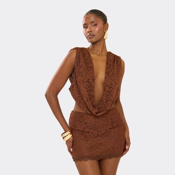 EGO Ruched Cowl Front Tie Back Top In Brown Lace, Women's Size UK 6 - 2