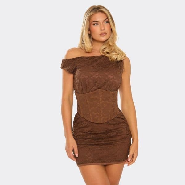 EGO One Shoulder Lace Up Corset Detail Mini Dress In Brown Lace, Women's Size UK 6