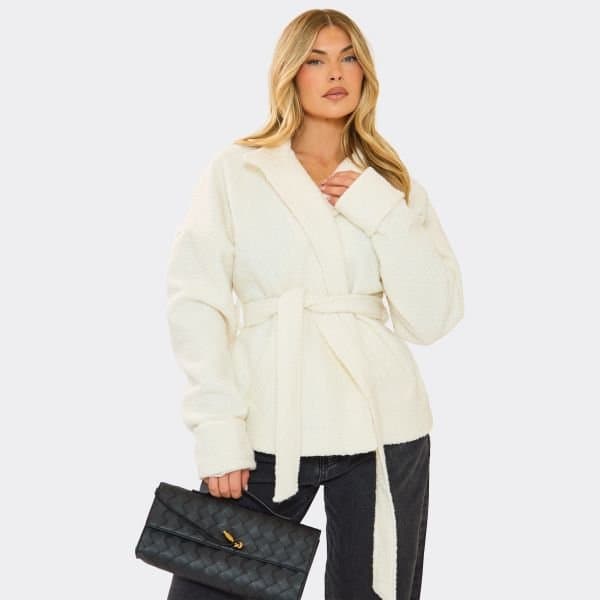 EGO EGO Elegant Belted Jacket in White Borg