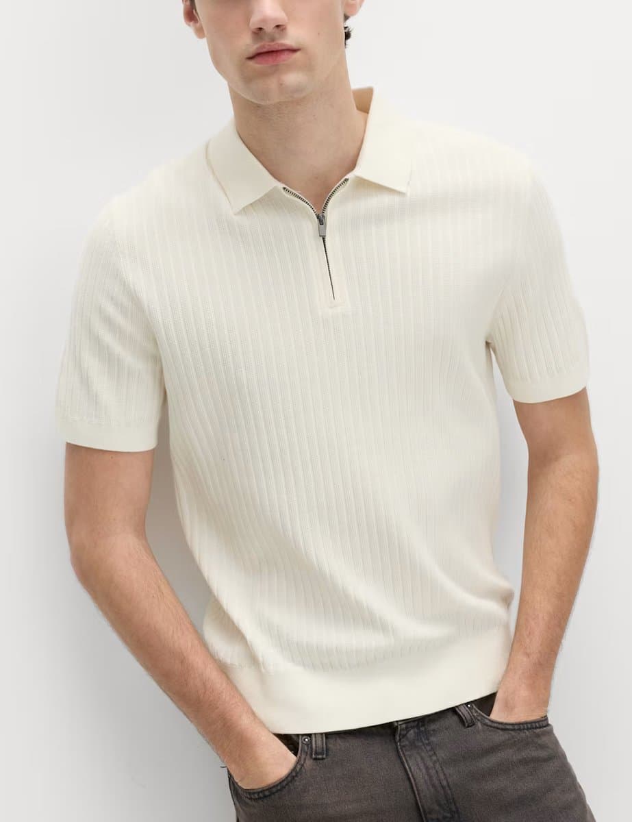 Marks & Spencer M&S Comfortable Zip Up Polo Shirt in Ivory