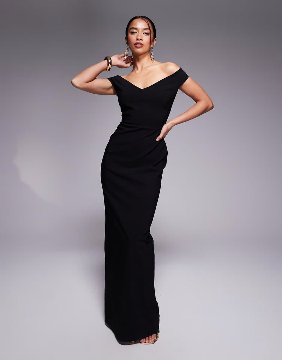 ASOS Vesper Petite bengaline sweetheart neckline off the shoulder maxi dress in black